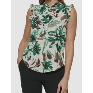 DKNY Green Floral-Print Sleeveless Ruffle Blouse Top Size XL